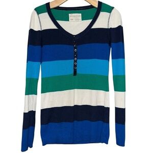 Aeropostale Women’s M Blue White Green Striped Henley Front Lightweight Sweater